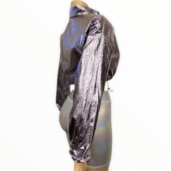 Y2K Blanc Metallic Crop top Shiny 1/4 Zip Long sleeves Drawstring waist Large - Picture 6 of 13